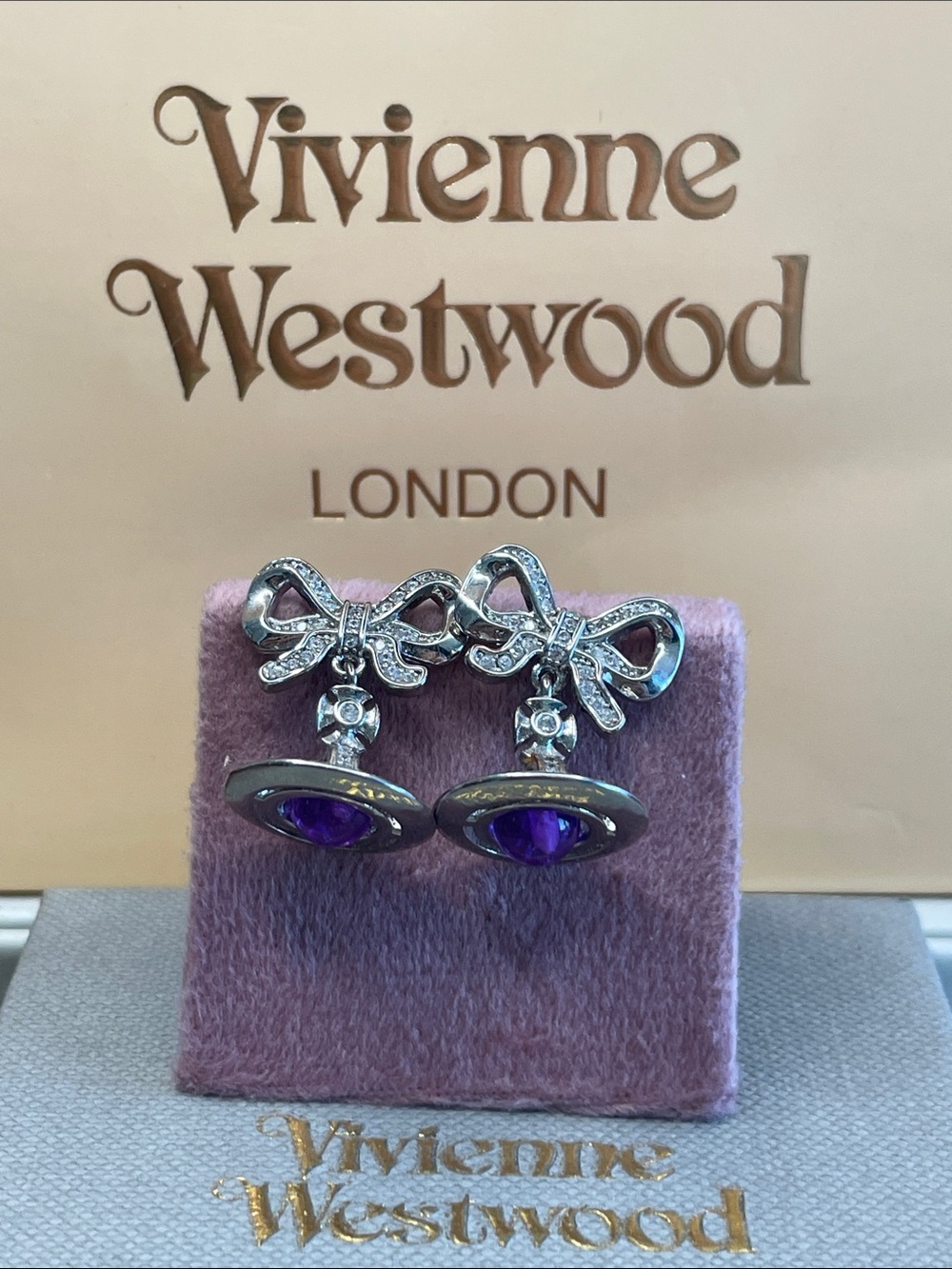Vivienne Westwood Octavie Crystal Bow Purple Orb Drop Earrings Silver Y2K - Picture 1 of 4